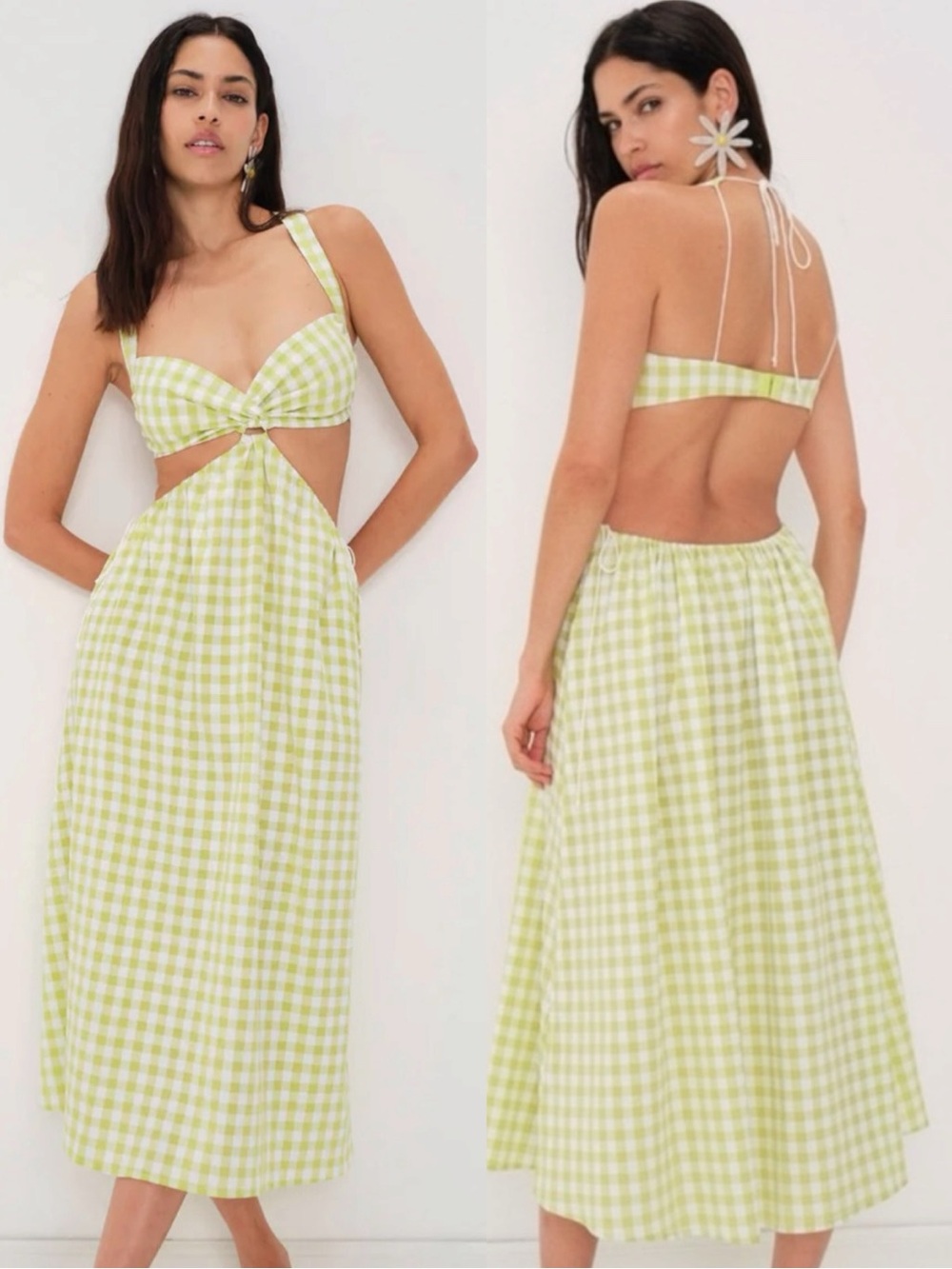 For Love & Lemons Maureen Midi Dress Size Small Neon Green Gingham Cut Out NWT - Picture 4 of 15